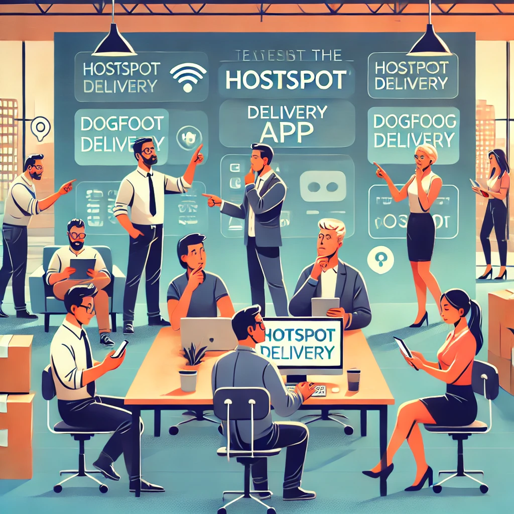 AI-generated image of a diverse group of employees testing the HostSpot app in a modern office, discussing and interacting with their devices.