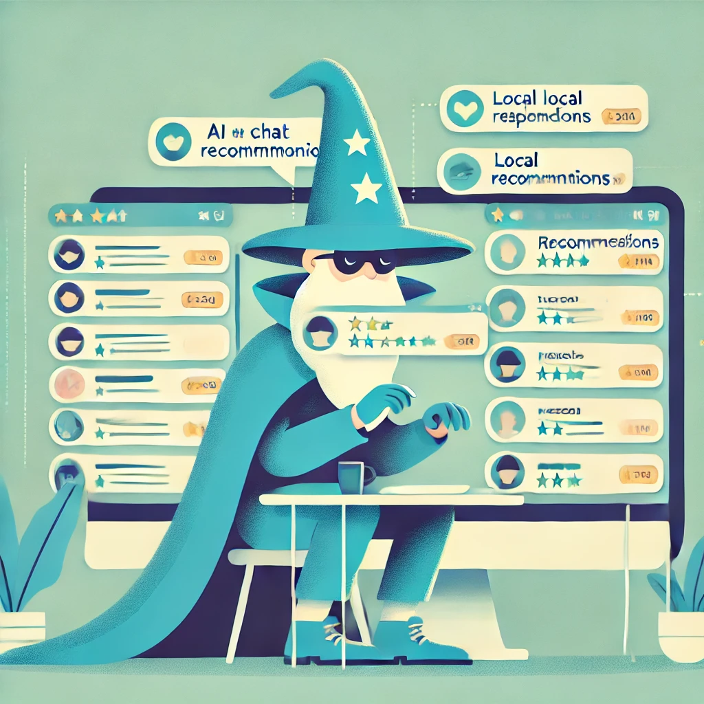 An illustration of a person dressed as a wizard operating a computer to simulate an AI chatbot, handling multiple local recommendation queries.