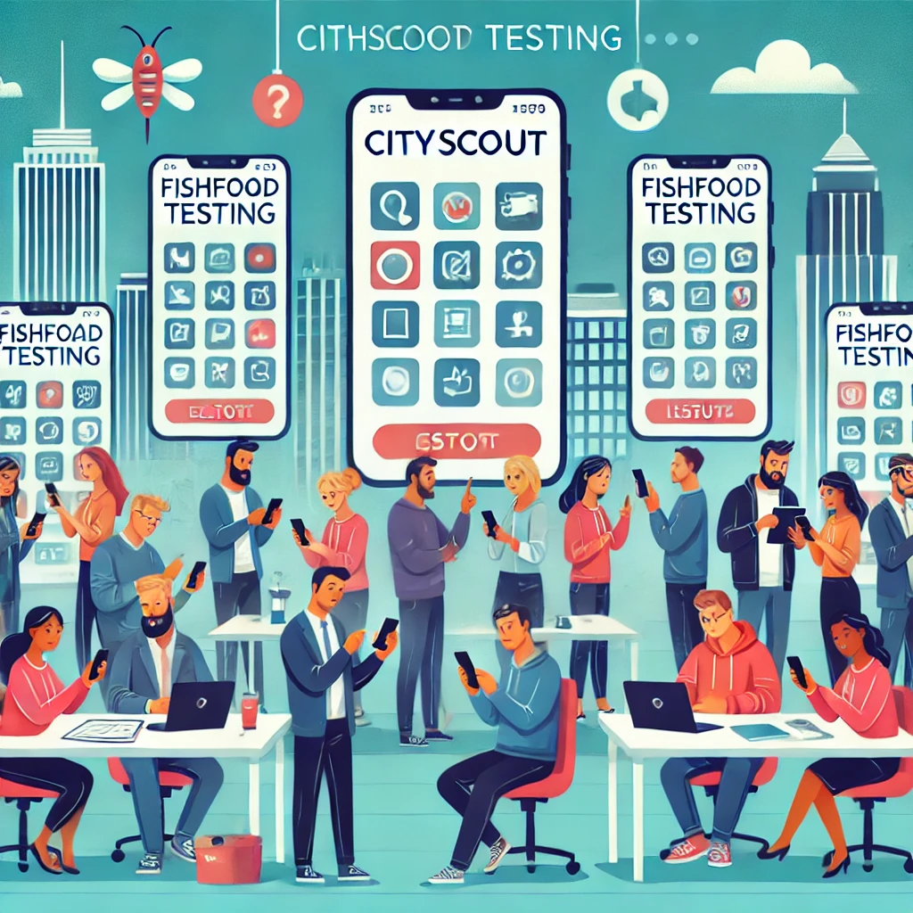 A diverse group of employees testing the HostSpot app on smartphones in a modern office, discussing and interacting with the technology.
