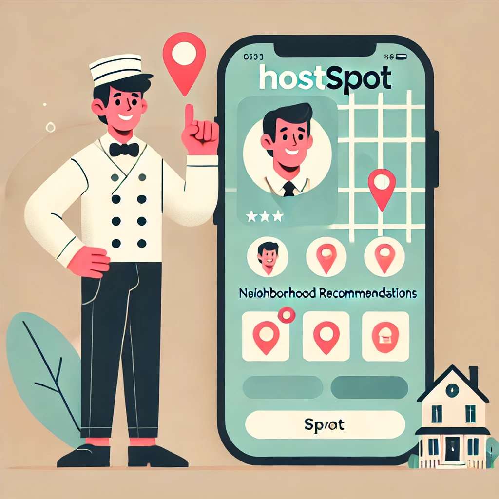 Concierge pointing to an app on a smartphone, showing neighborhood recommendations.